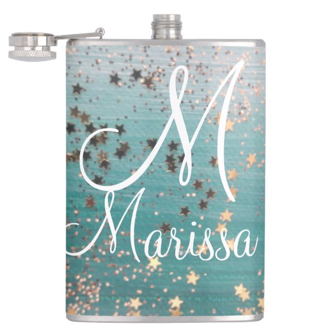Monogram Gold Stars on Teal            Flask (Opened)