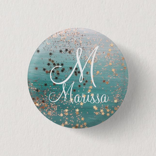 Monogram Gold Stars on Teal Glitter             Button (Front)