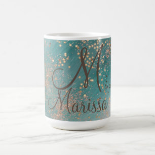 Monogram Gold Stars on Teal Glitter Coffee Mug