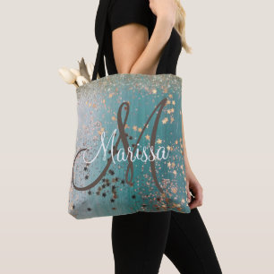 Monogram Gold Stars on Teal Glitter Tote Bag