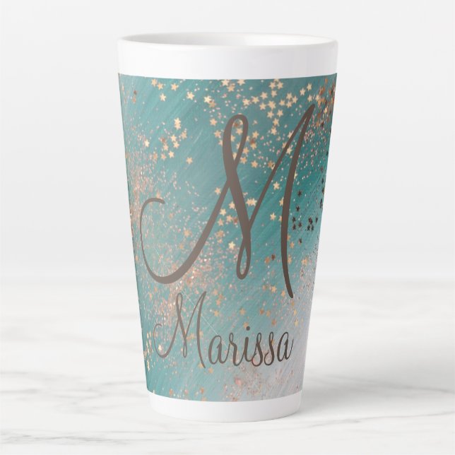 Monogram Gold Stars on Teal  Latte Mug (Front)