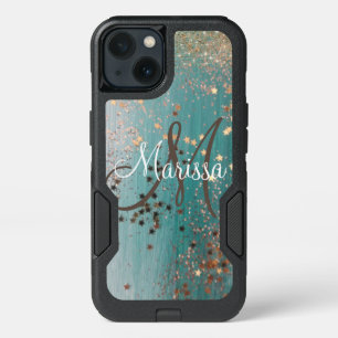 Monogram Gold Stars on Teal      iPhone 13 Case