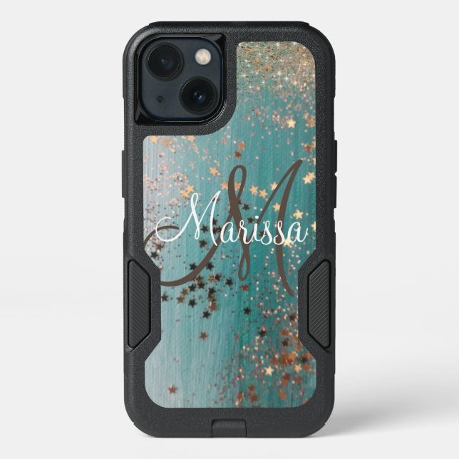 Monogram Gold Stars on Teal      Otterbox iPhone Case (Back)