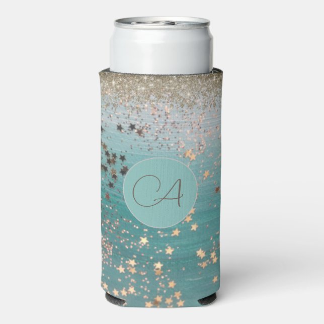 Monogram Gold Stars on Teal          Seltzer Can Cooler (Seltzer Back)