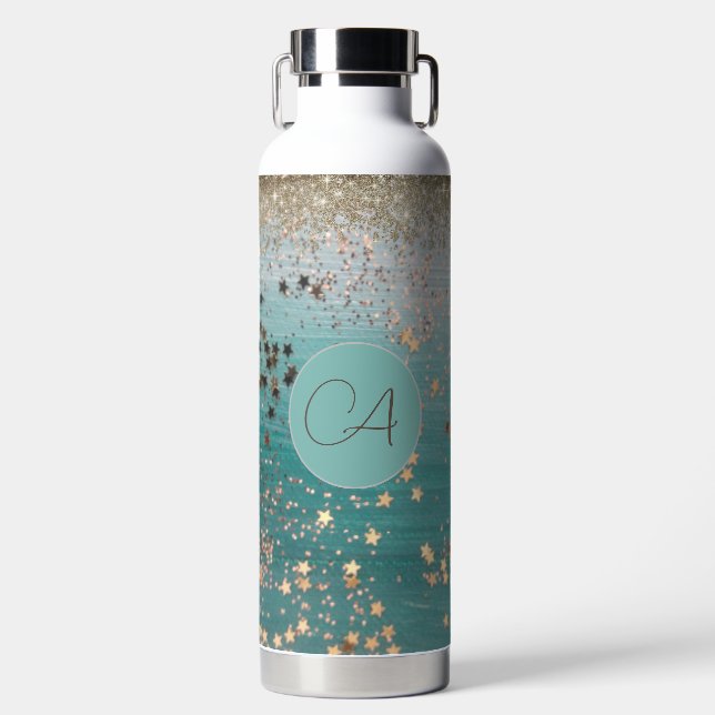 Monogram Gold Stars on Teal           Water Bottle (Front)