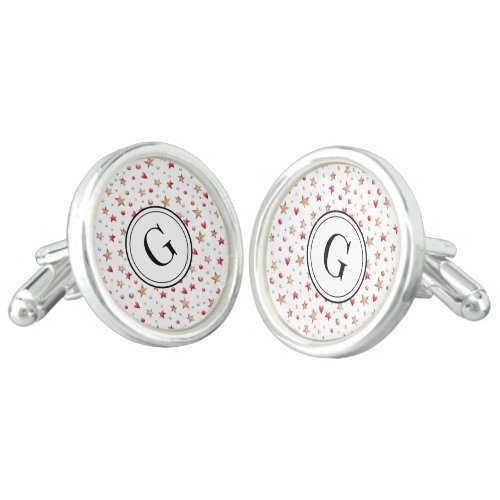 Monogram Gold Stars  Red Hearts SS Plated Cufflinks