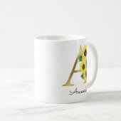 Monogram Gold Sunflower Girly Floral Initial A Coffee Mug (Front Right)