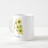 Monogram Gold Sunflower Girly Floral Initial A Coffee Mug (Front Left)