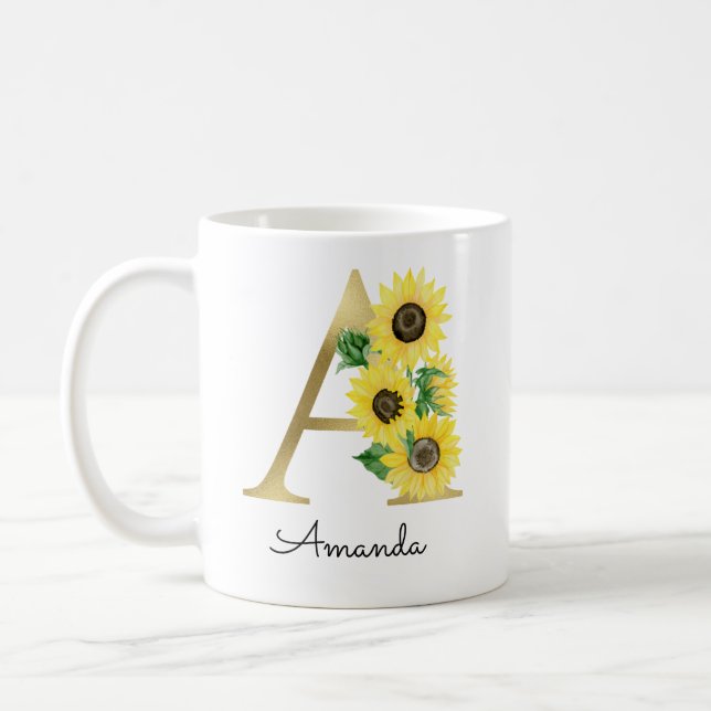 Monogram Gold Sunflower Girly Floral Initial A Coffee Mug (Left)