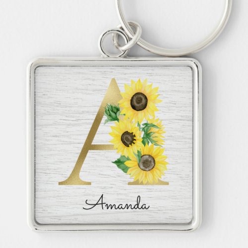 Monogram Gold Sunflower Girly Floral Initial A Keychain