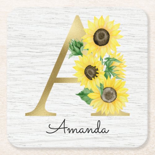 Monogram Gold Sunflower Girly Floral Initial A Square Paper Coaster