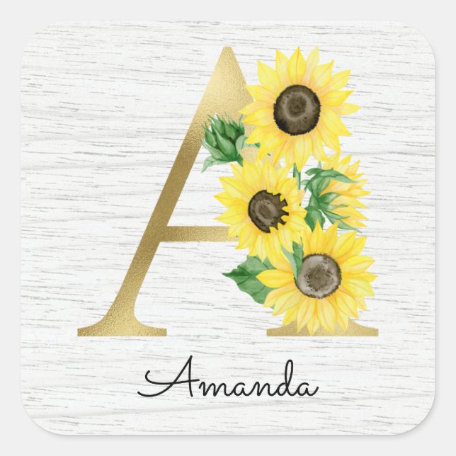 Monogram Gold Sunflower Girly Floral Initial A Square Sticker (Front)