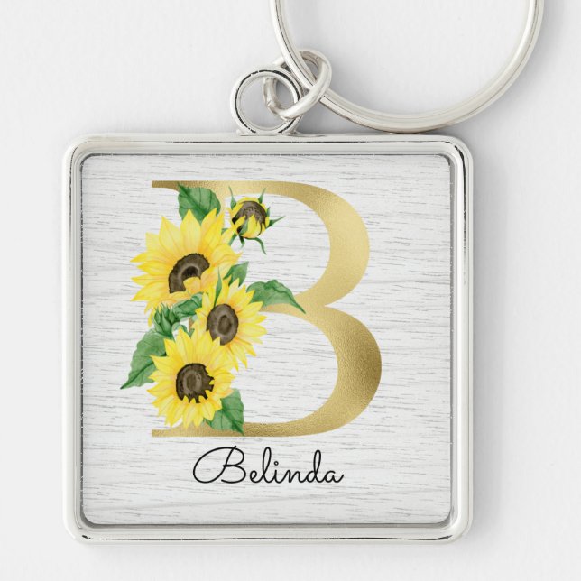 Monogram Gold Sunflower Girly Floral Initial B  Keychain (Front)