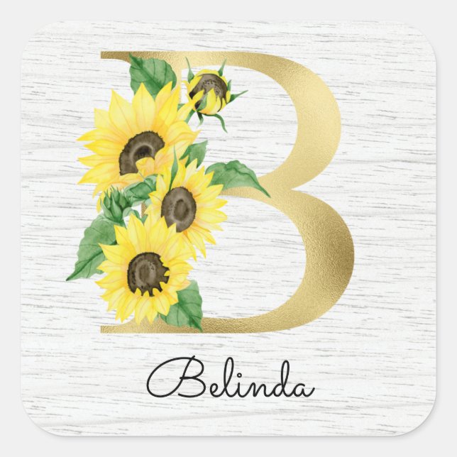 Monogram Gold Sunflower Girly Floral Initial B Square Sticker (Front)