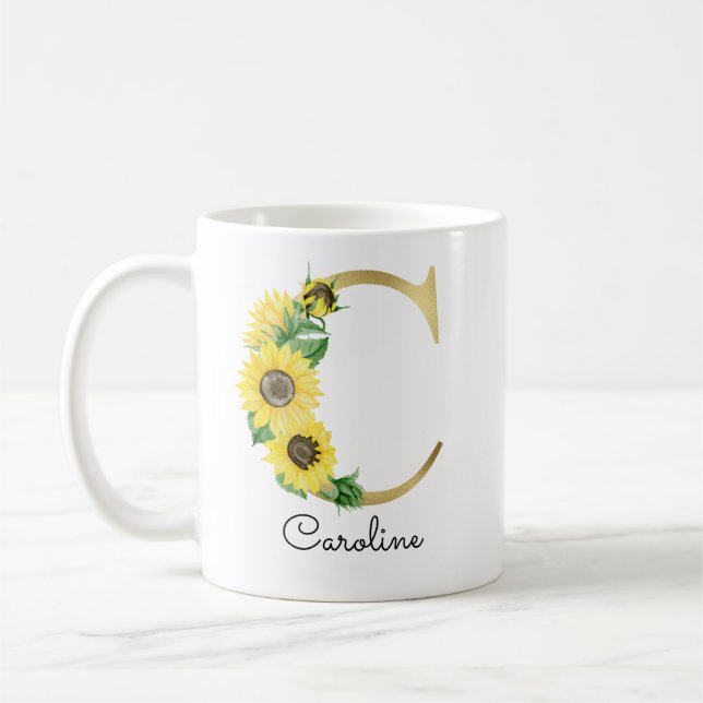 Monogram Gold Sunflower Girly Floral Initial C Coffee Mug (Left)