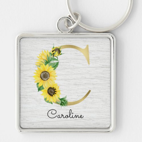 Monogram Gold Sunflower Girly Floral Initial C Keychain