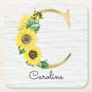 Monogram Gold Sunflower Girly Floral Initial C Square Paper Coaster