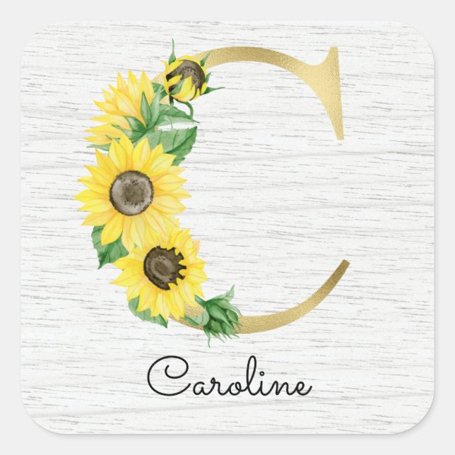Monogram Gold Sunflower Girly Floral Initial C Square Sticker (Front)