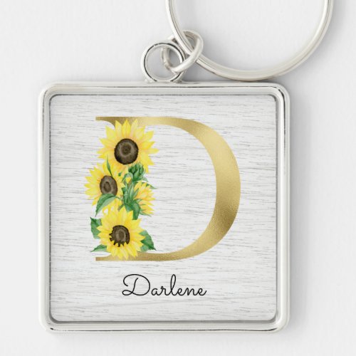 Monogram Gold Sunflower Girly Floral Initial D Keychain