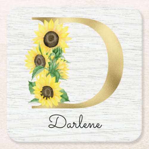 Monogram Gold Sunflower Girly Floral Initial D Square Paper Coaster