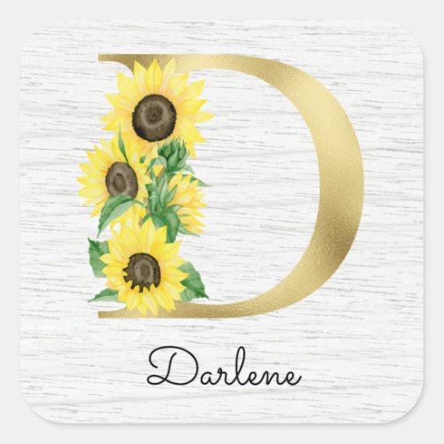 Monogram Gold Sunflower Girly Floral Initial D Square Sticker