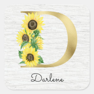 Monogram Gold Sunflower Girly Floral Initial D Square Sticker