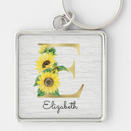 Monogram Gold Sunflower Girly Floral Initial E Keychain