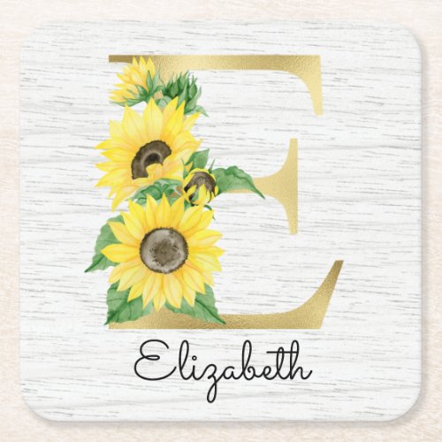 Monogram Gold Sunflower Girly Floral Initial E Square Paper Coaster