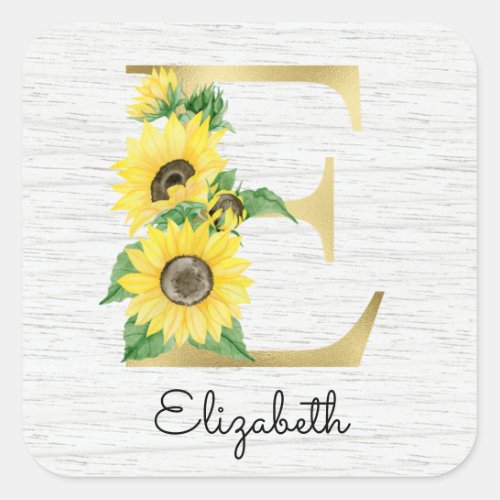 Monogram Gold Sunflower Girly Floral Initial E Square Sticker