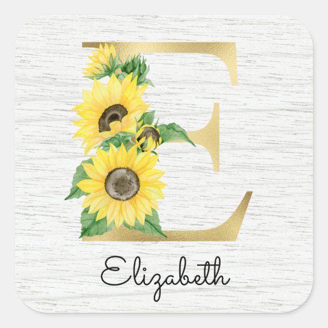 Monogram Gold Sunflower Girly Floral Initial E Square Sticker (Front)