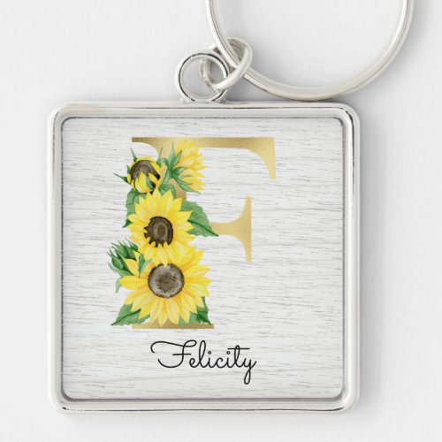 Monogram Gold Sunflower Girly Floral Initial F Keychain