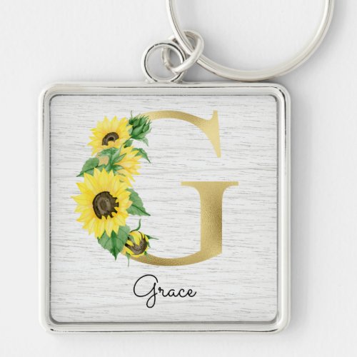 Monogram Gold Sunflower Girly Floral Initial G Keychain