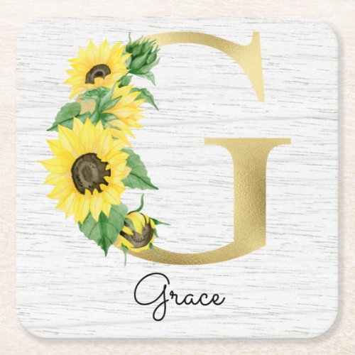 Monogram Gold Sunflower Girly Floral Initial G Square Paper Coaster