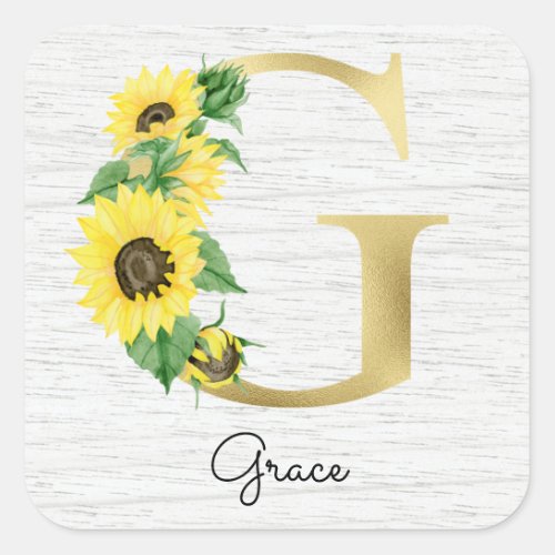 Monogram Gold Sunflower Girly Floral Initial G Square Sticker