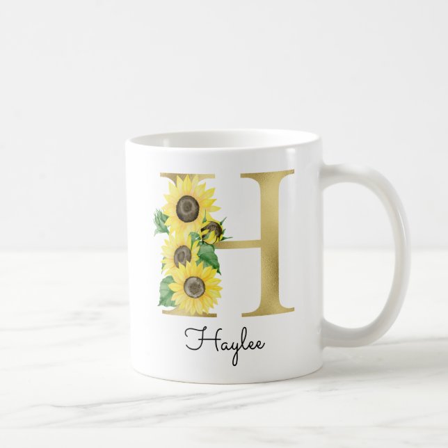 Monogram Gold Sunflower Girly Floral Initial H Coffee Mug (Right)