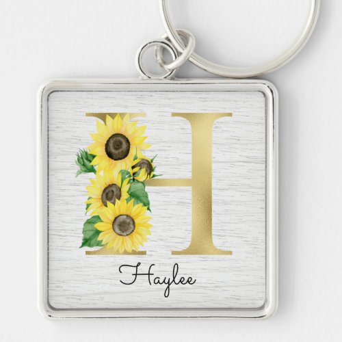 Monogram Gold Sunflower Girly Floral Initial H Keychain