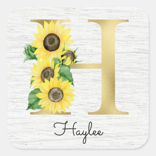 Monogram Gold Sunflower Girly Floral Initial H Square Sticker