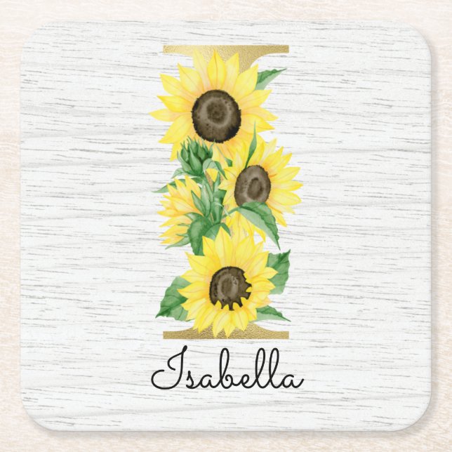 Monogram Gold Sunflower Girly Floral Initial I Square Paper Coaster (Front)