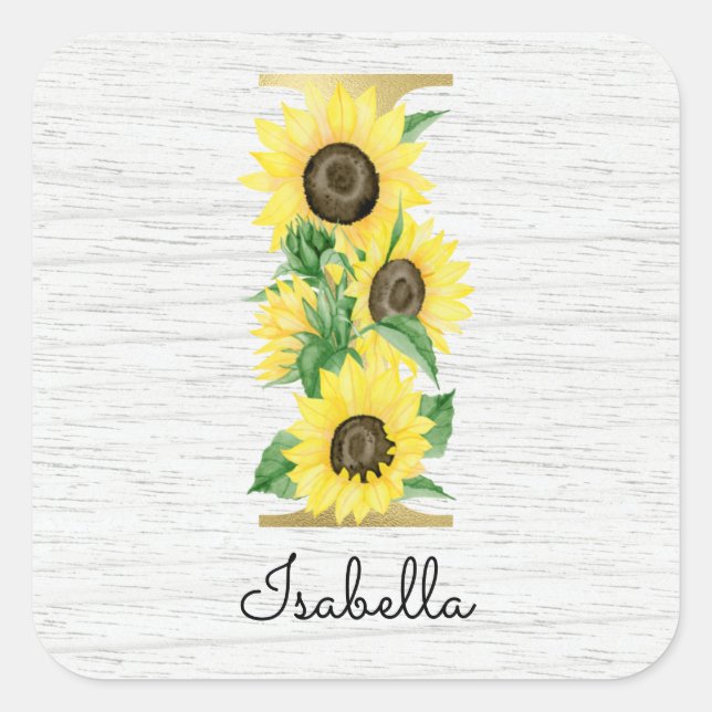 Monogram Gold Sunflower Girly Floral Initial I Square Sticker (Front)