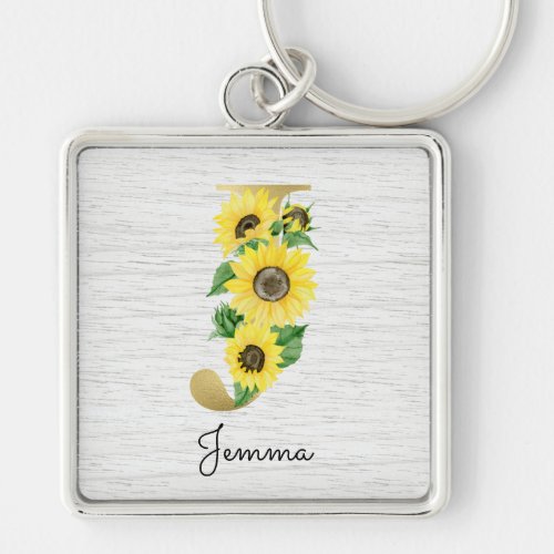 Monogram Gold Sunflower Girly Floral Initial J Keychain