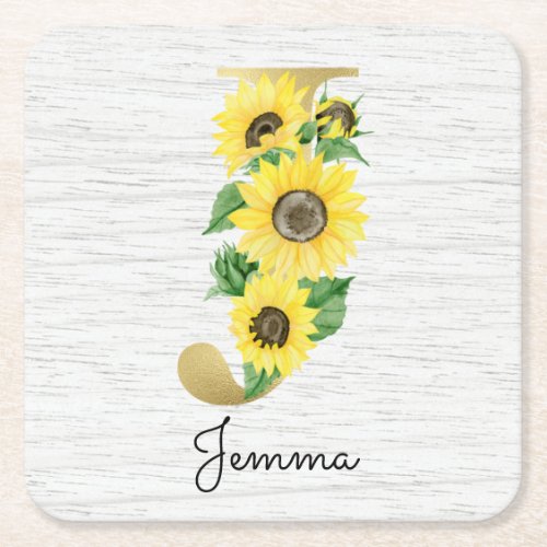 Monogram Gold Sunflower Girly Floral Initial J Square Paper Coaster