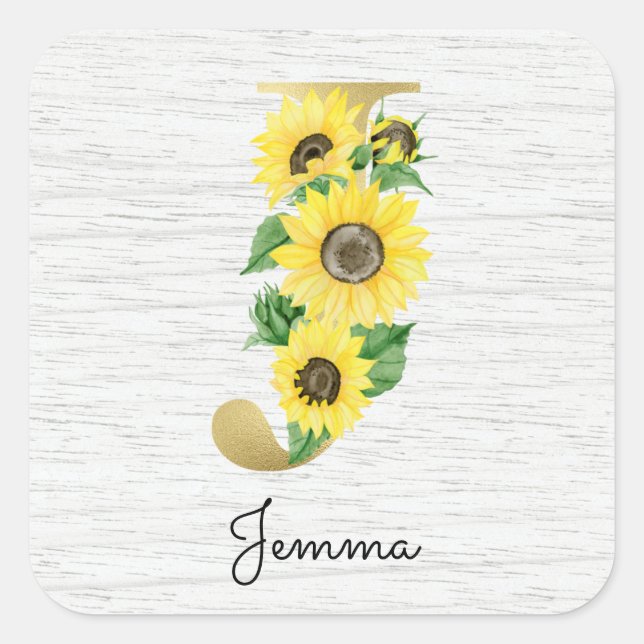 Monogram Gold Sunflower Girly Floral Initial J Square Sticker (Front)