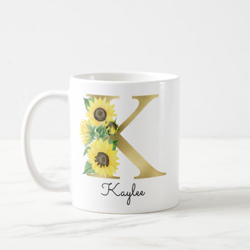 Monogram Gold Sunflower Girly Floral Initial K Coffee Mug