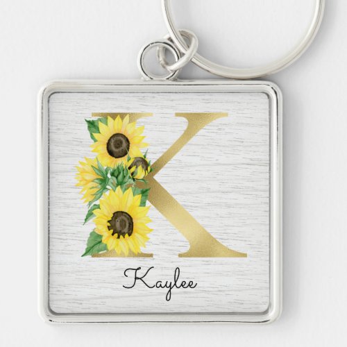 Monogram Gold Sunflower Girly Floral Initial K Keychain