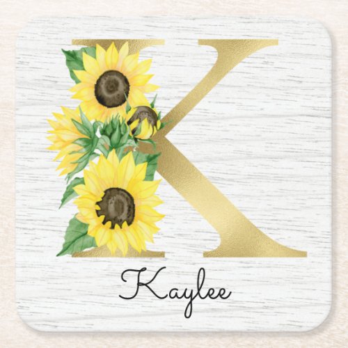 Monogram Gold Sunflower Girly Floral Initial K Square Paper Coaster