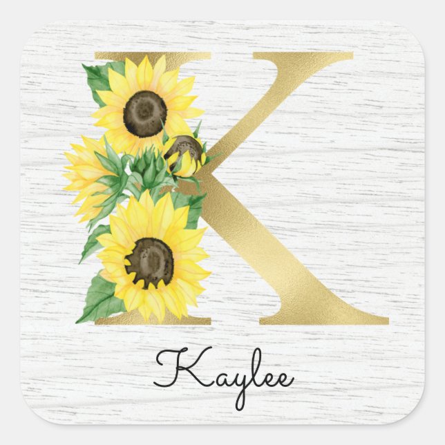 Monogram Gold Sunflower Girly Floral Initial K Square Sticker (Front)