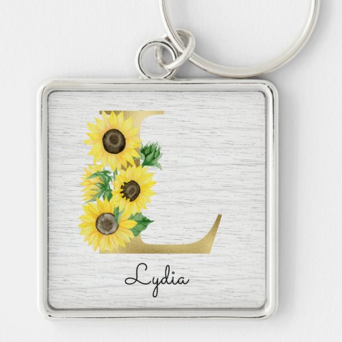 Monogram Gold Sunflower Girly Floral Initial L Keychain