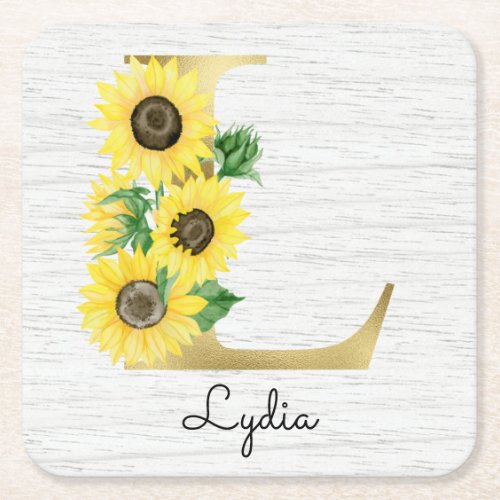 Monogram Gold Sunflower Girly Floral Initial L Square Paper Coaster