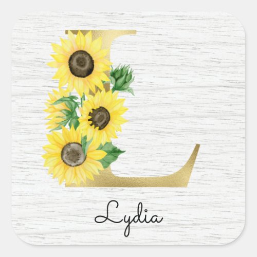 Monogram Gold Sunflower Girly Floral Initial L Square Sticker