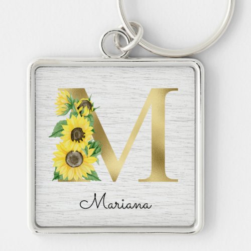 Monogram Gold Sunflower Girly Floral Initial M Keychain